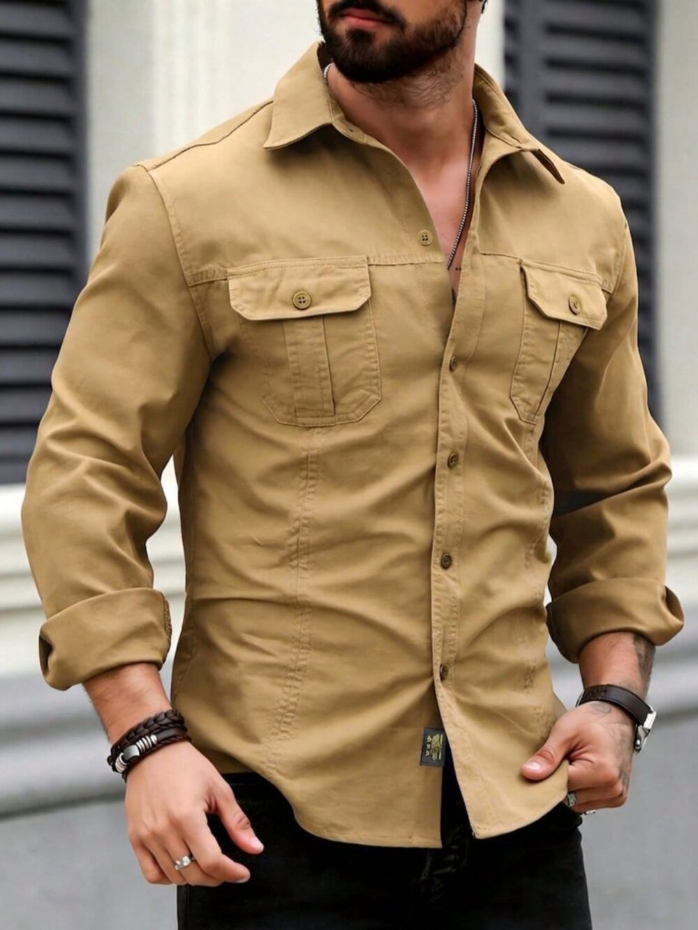 Khaki Casual Men's Military Style Casual Long Sleeve Button-Down Shirt